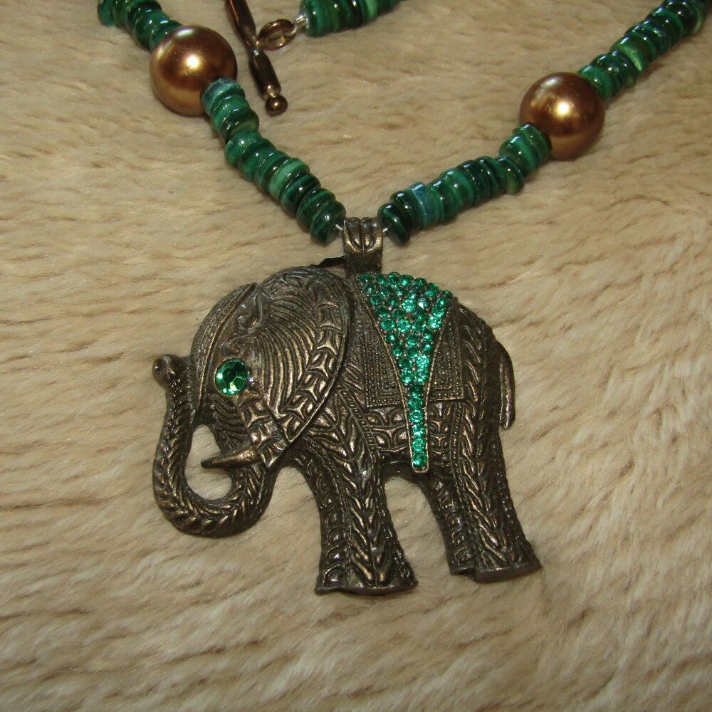 Handcrafted Shell, Brass and Faux Pearl Elephant Necklace